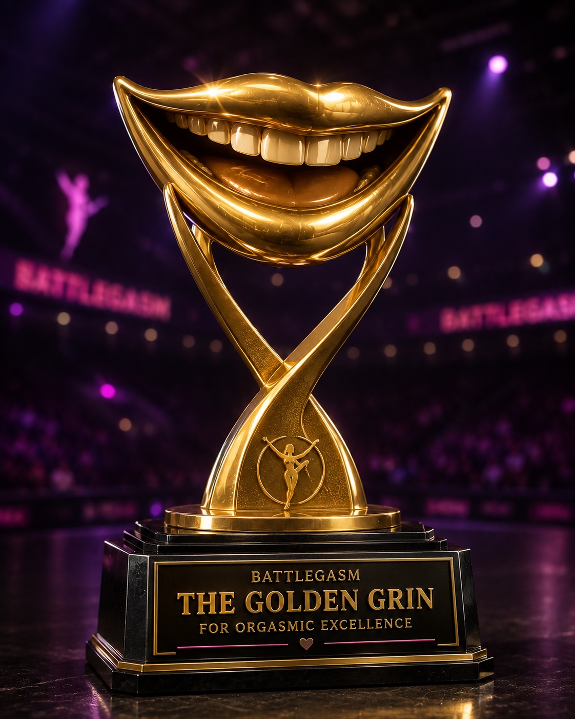 The Golden Grin, Battlegasm championship trophy, photographed under gold and neon arena lights